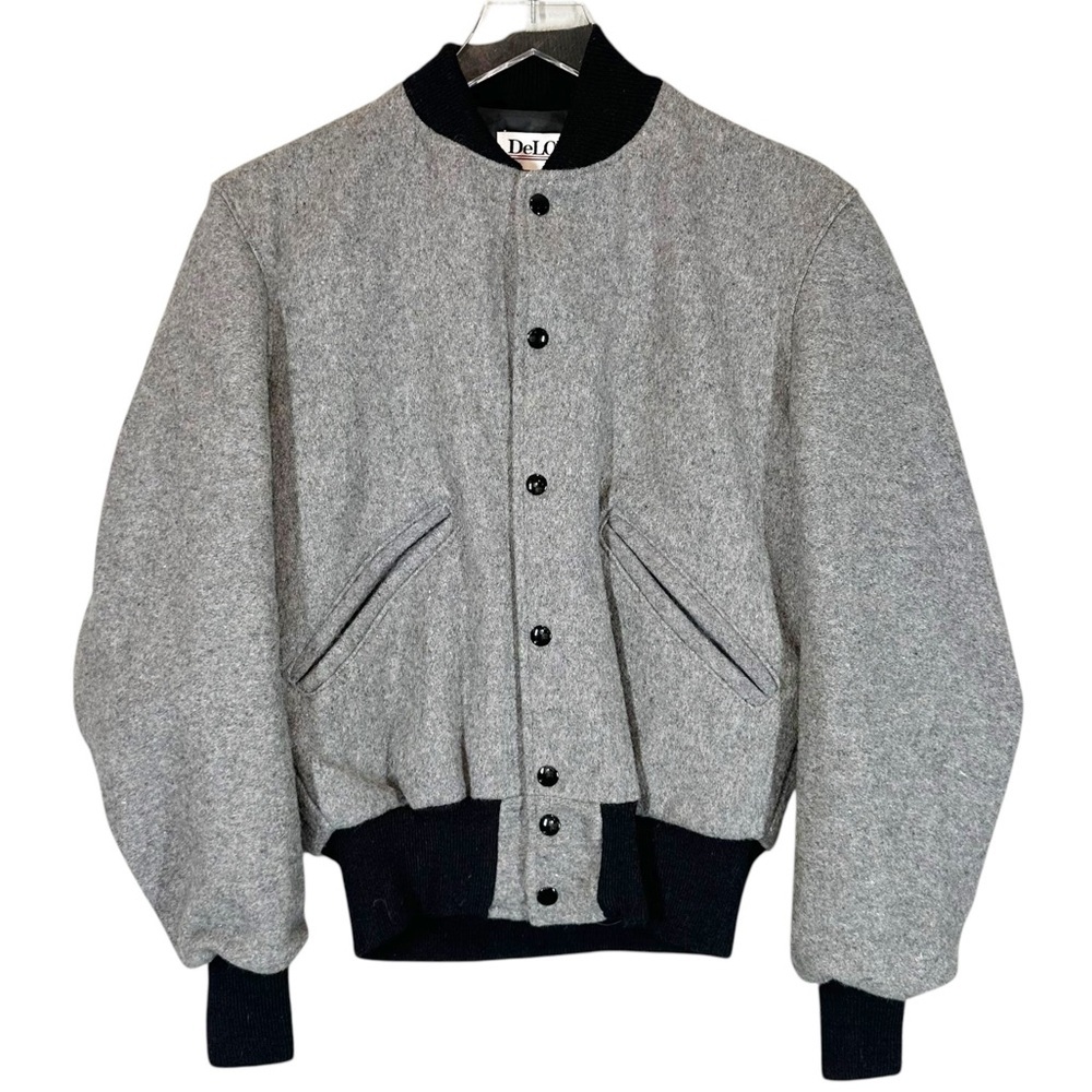 DELONG Size 34 Vintage 90's Light Grey Wool Varsity Jacket with black band trim